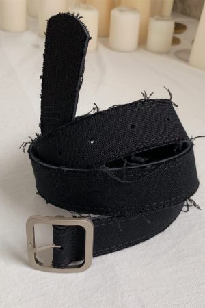 Handmade Mohair Edge Fabric Waist Belt - Black Unisex Harajuku Style, Versatile Design with Simple Buckle