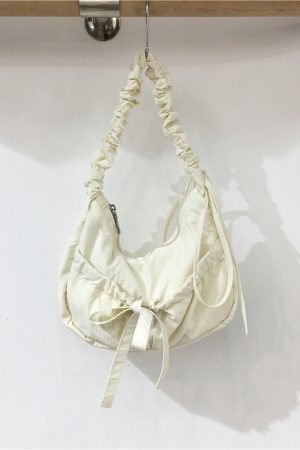Handmade Pleated Nylon Drawstring Bag with Bow - Ballet Girl Style Crossbody Underarm Bag