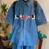 Handmade Retro Cow Embroidery Washed Denim Short Sleeve Shirt for Couples - 2025 Summer Streetwear Fashion