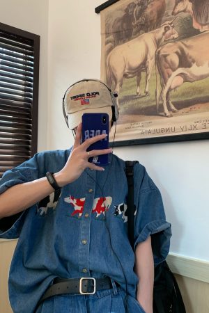 Handmade Retro Cow Embroidery Washed Denim Short Sleeve Shirt for Couples - 2025 Summer Streetwear Fashion