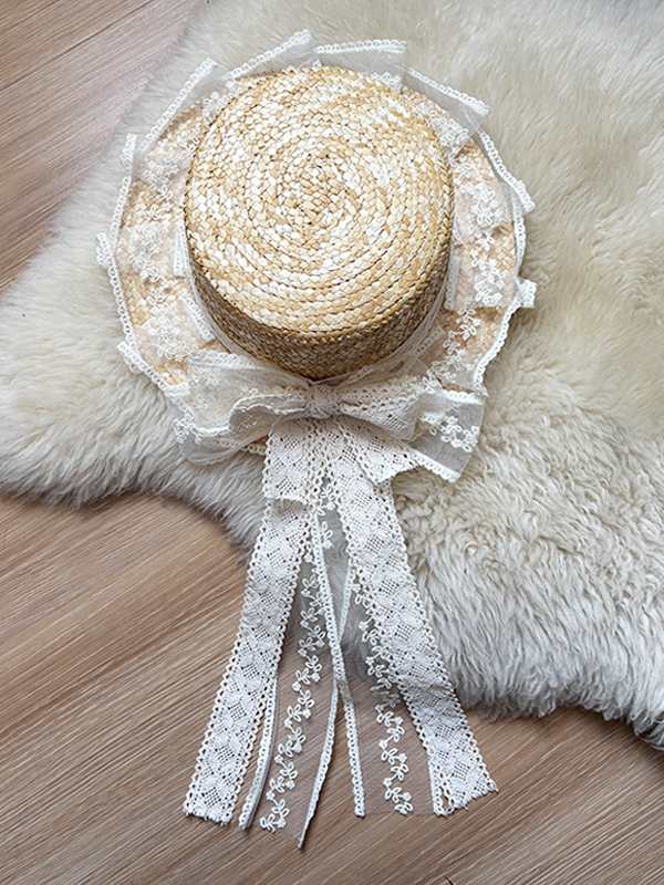 Handmade Straw Hat with Flowing Ribbons and Lace Sunshade Bow for JK Uniform Accessories - Cute Pudding Bear Style Handmade Straw Hat with Flowing Ribbons and Lace Sunshade Bow for JK Uniform Accessories - Cute Pudding Bear Style