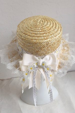 Handmade Straw Hat with Flowing Ribbons and Lace Sunshade Bow for JK Uniform Accessories - Cute Pudding Bear Style
