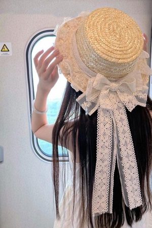 Handmade Straw Hat with Flowing Ribbons and Lace Sunshade Bow for JK Uniform Accessories - Cute Pudding Bear Style