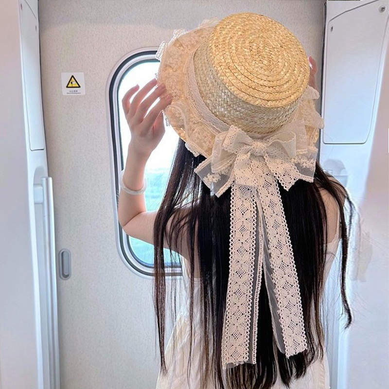 Handmade Straw Hat with Flowing Ribbons and Lace Sunshade Bow for JK Uniform Accessories - Cute Pudding Bear Style Handmade Straw Hat with Flowing Ribbons and Lace Sunshade Bow for JK Uniform Accessories - Cute Pudding Bear Style