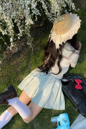 Handmade Straw Hat with Flowing Ribbons and Lace Sunshade Bow for JK Uniform Accessories - Cute Pudding Bear Style