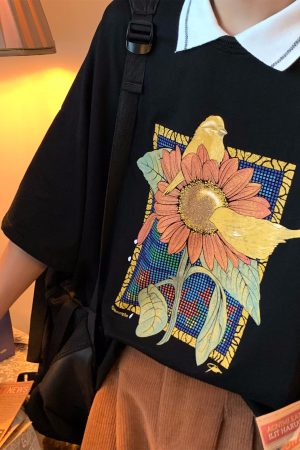 Handmade Vintage Sunflower Floral Collared Short Sleeve Polo Shirt for Unisex - Loose Fit Half Sleeve Top, Perfect for 90s and Y2K Style