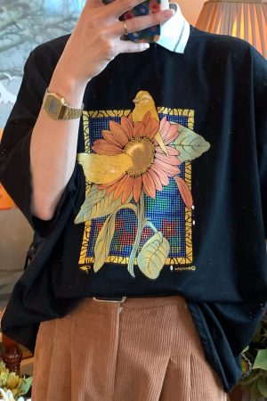 Handmade Vintage Sunflower Floral Collared Short Sleeve Polo Shirt for Unisex - Loose Fit Half Sleeve Top, Perfect for 90s and Y2K Style