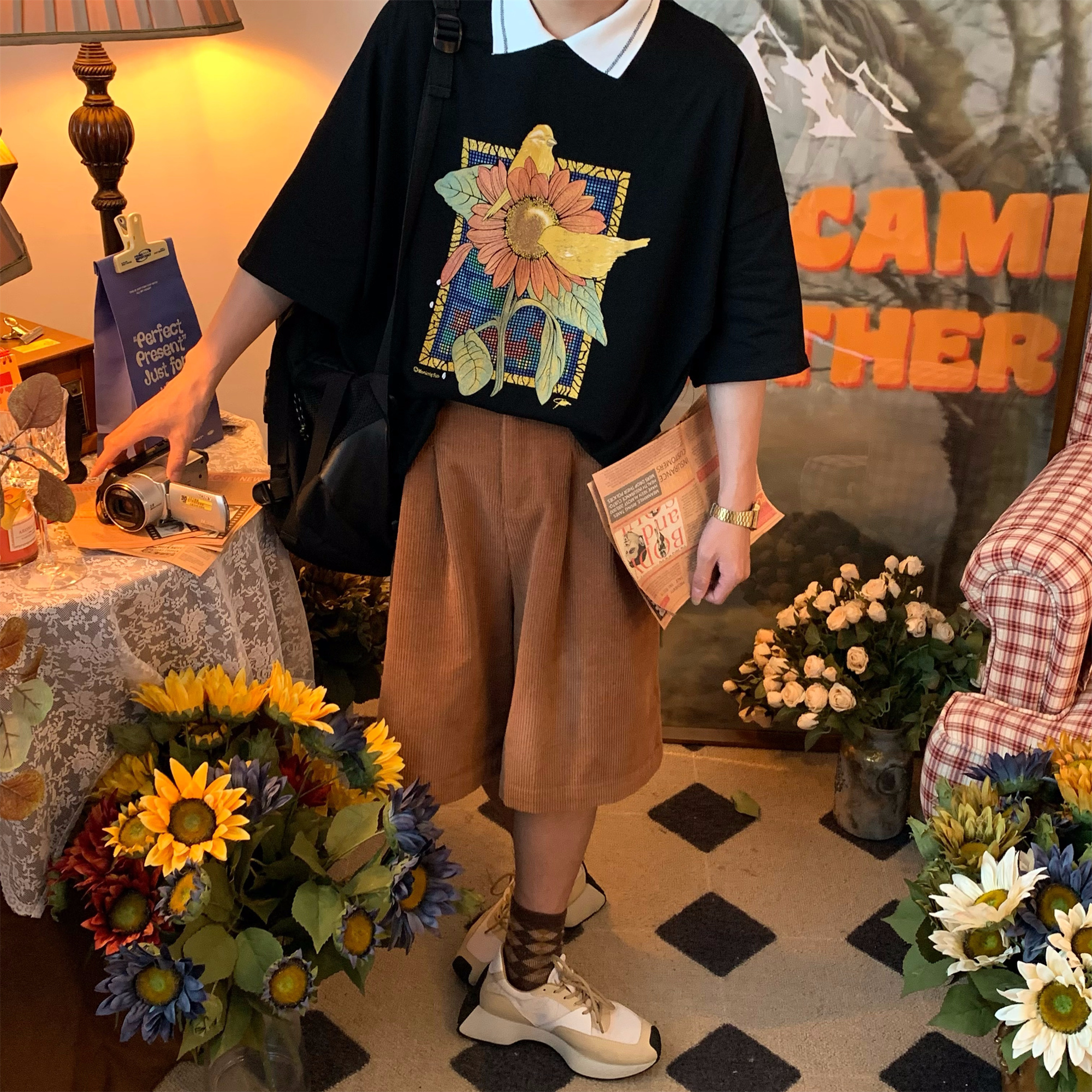 Handmade Vintage Sunflower Floral Collared Short Sleeve Polo Shirt for Unisex - Loose Fit Half Sleeve Top, Perfect for 90s and Y2K Style Handmade Vintage Sunflower Floral Collared Short Sleeve Polo Shirt for Unisex - Loose Fit Half Sleeve Top, Perfect for 90s and Y2K Style