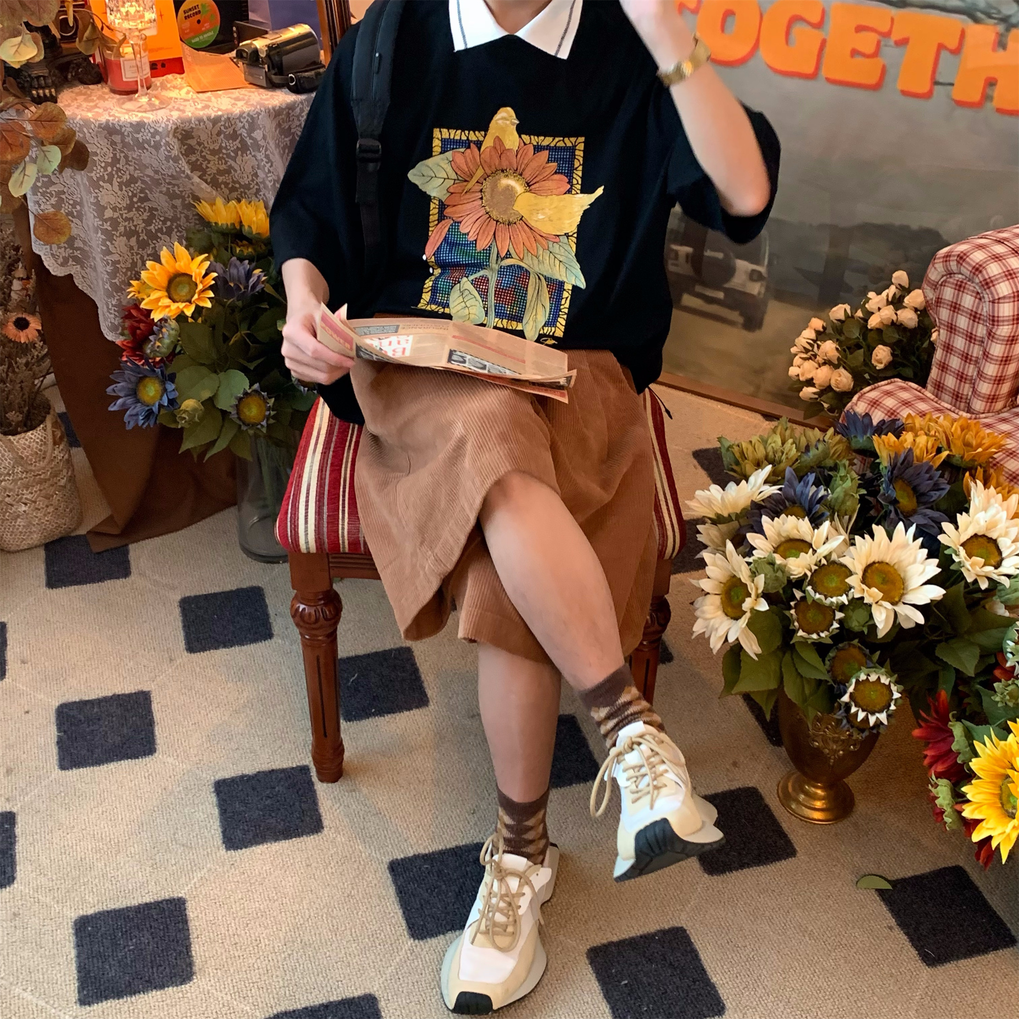 Handmade Vintage Sunflower Floral Collared Short Sleeve Polo Shirt for Unisex - Loose Fit Half Sleeve Top, Perfect for 90s and Y2K Style Handmade Vintage Sunflower Floral Collared Short Sleeve Polo Shirt for Unisex - Loose Fit Half Sleeve Top, Perfect for 90s and Y2K Style