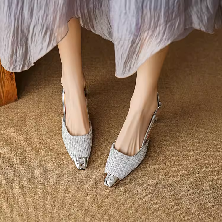 Handmade Woven Backless High Heels - Summer Metal Toe Sandals for Women, Trendy Fashion Footwear Handmade Woven Backless High Heels - Summer Metal Toe Sandals for Women, Trendy Fashion Footwear