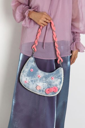 Handmade Woven Chain Crossbody Bag for Women - Cute Cat Cowboy Design, 2025 New Pink Underarm Bag, Stylish Y2K Fashion