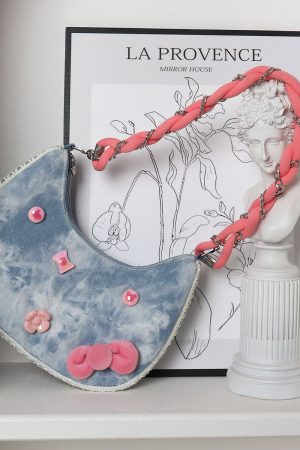 Handmade Woven Chain Crossbody Bag for Women - Cute Cat Cowboy Design, 2025 New Pink Underarm Bag, Stylish Y2K Fashion