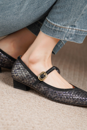 Handmade Woven One-Strap Chunky Heel Mary Jane Shoes for Women - Italian Style, Shallow Mouth Design, Trendy Fashion Footwear