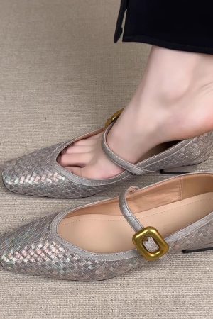 Handmade Woven One-Strap Chunky Heel Mary Jane Shoes for Women - Italian Style, Shallow Mouth Design, Trendy Fashion Footwear