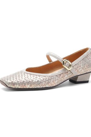 Handmade Woven One-Strap Chunky Heel Mary Jane Shoes for Women - Italian Style, Shallow Mouth Design, Trendy Fashion Footwear
