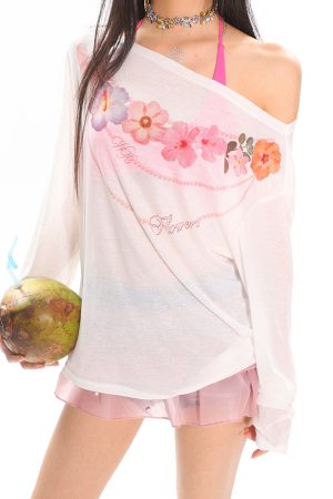 Hawaiian Floral Loose Sun Protection Cover-Up for Women - Sheer Long Sleeve Top for Summer Vacation Style