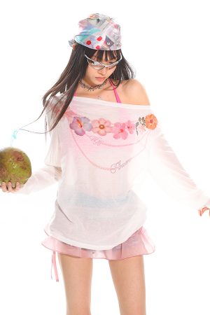 Hawaiian Floral Loose Sun Protection Cover-Up for Women - Sheer Long Sleeve Top for Summer Vacation Style