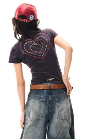 Heartbeat Cycle Letter Print Short Sleeve T-Shirt for Women - Summer Slim Fit Casual Top, Y2K Inspired Fashion