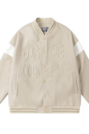 Heartbeat Signal Hip-Hop Letter Woolen Spliced Baseball Jacket for Men and Women - Loose Couples Outerwear, Y2K Style