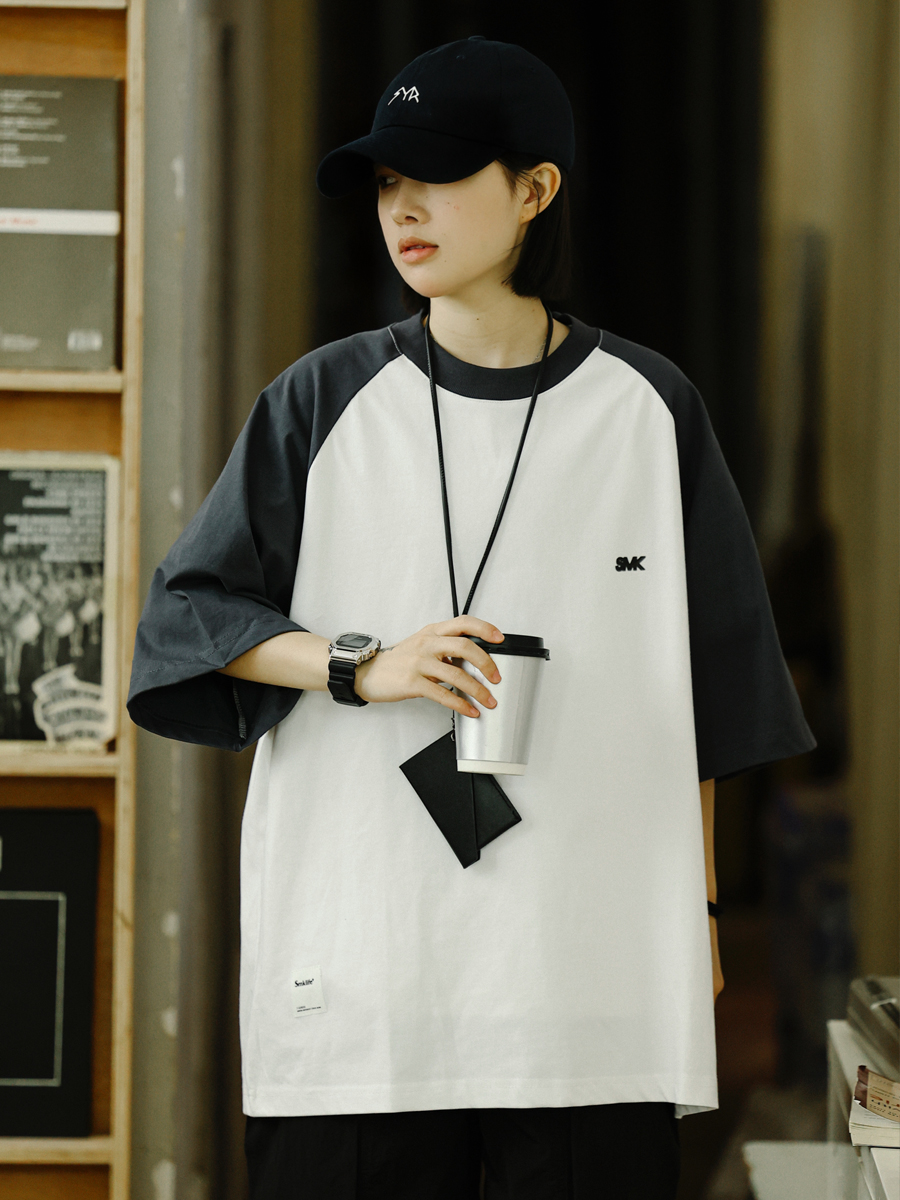 Heavyweight 280g Patchwork Retro T-Shirt for Men, Raglan Sleeve Loose Japanese Style Short Sleeve Top, Summer Trend 90s Fashion Heavyweight 280g Patchwork Retro T-Shirt for Men, Raglan Sleeve Loose Japanese Style Short Sleeve Top, Summer Trend 90s Fashion