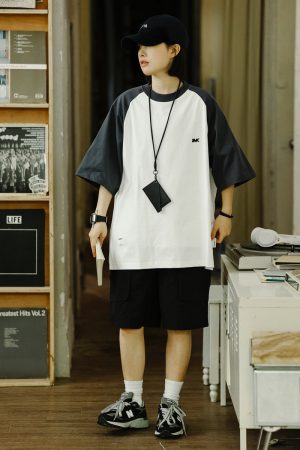 Heavyweight 280g Patchwork Retro T-Shirt for Men, Raglan Sleeve Loose Japanese Style Short Sleeve Top, Summer Trend 90s Fashion