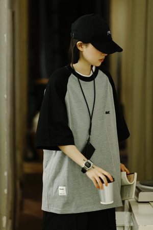 Heavyweight 280g Patchwork Retro T-Shirt for Men, Raglan Sleeve Loose Japanese Style Short Sleeve Top, Summer Trend 90s Fashion