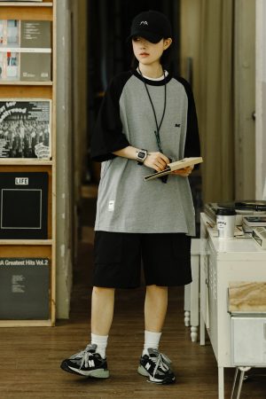 Heavyweight 280g Patchwork Retro T-Shirt for Men, Raglan Sleeve Loose Japanese Style Short Sleeve Top, Summer Trend 90s Fashion