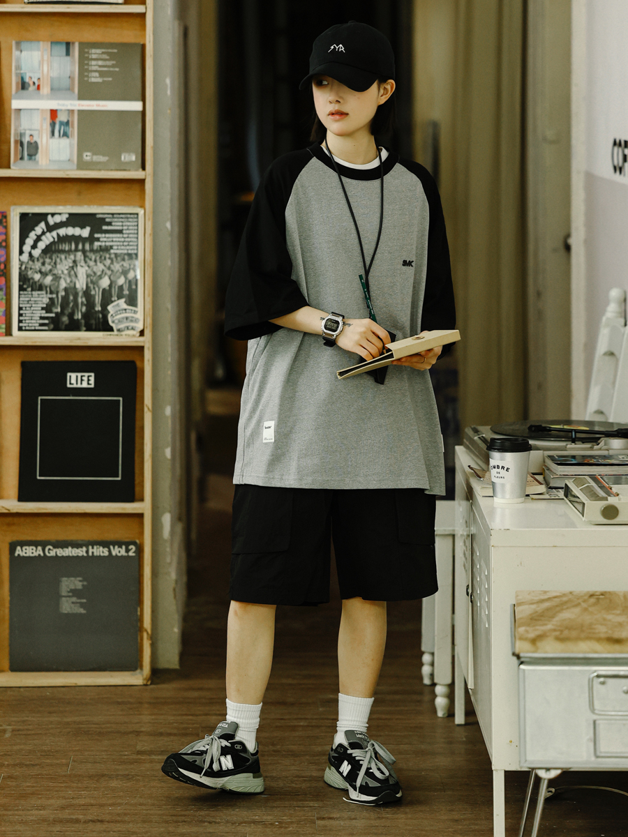 Heavyweight 280g Patchwork Retro T-Shirt for Men, Raglan Sleeve Loose Japanese Style Short Sleeve Top, Summer Trend 90s Fashion Heavyweight 280g Patchwork Retro T-Shirt for Men, Raglan Sleeve Loose Japanese Style Short Sleeve Top, Summer Trend 90s Fashion