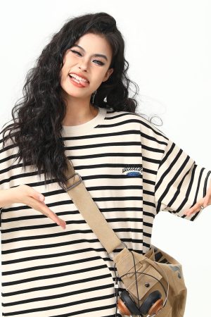 Heavyweight Striped Short Sleeve T-Shirt for Men and Women, Vintage 90s Loose Fit Couple Top, Versatile Casual Wear