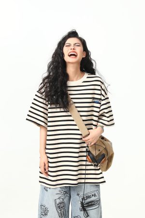 Heavyweight Striped Short Sleeve T-Shirt for Men and Women, Vintage 90s Loose Fit Couple Top, Versatile Casual Wear