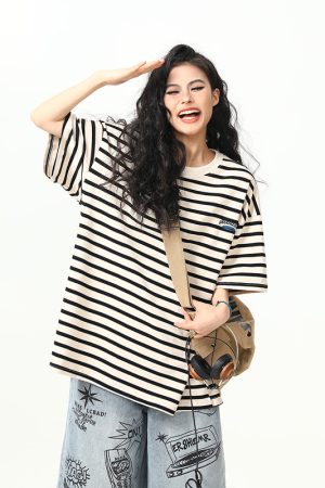 Heavyweight Striped Short Sleeve T-Shirt for Men and Women, Vintage 90s Loose Fit Couple Top, Versatile Casual Wear