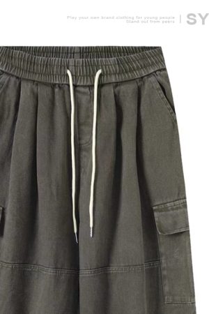 Heavyweight Vintage Japanese Denim Pants for Men | Loose Fit Elastic Waist Workwear Trousers | Casual Spring Autumn Style