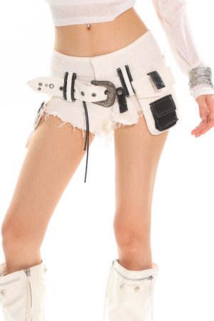 Heavyweight Vintage Washed Denim Shorts for Women - Military Green Frayed Hot Pants with Belt - 90s Inspired Fashion