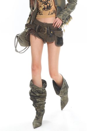 Heavyweight Vintage Washed Denim Shorts for Women - Military Green Frayed Hot Pants with Belt - 90s Inspired Fashion