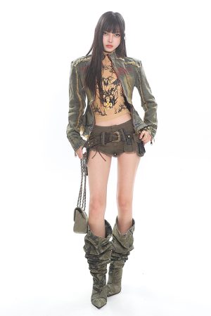 Heavyweight Vintage Washed Denim Shorts for Women - Military Green Frayed Hot Pants with Belt - 90s Inspired Fashion