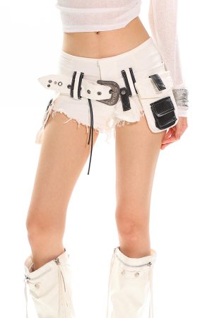 Heavyweight Vintage Washed Denim Shorts for Women - Military Green Frayed Hot Pants with Belt - 90s Inspired Fashion