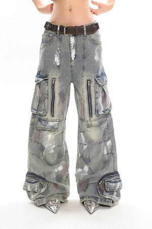 Heavyweight Water-Washed Vintage Multi-Pocket Straight-Leg Work Pants for Women - Summer Graffiti Loose Slimming Style