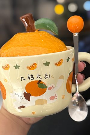 High Aesthetic Orange Ceramic Mug with Lid and Spoon - Perfect Birthday and Graduation Gift for Girls