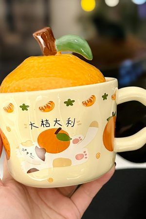 High Aesthetic Orange Ceramic Mug with Lid and Spoon - Perfect Birthday and Graduation Gift for Girls