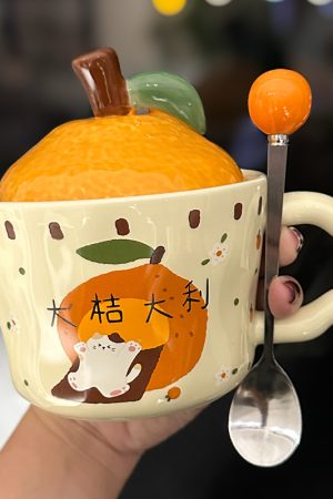 High Aesthetic Orange Ceramic Mug with Lid and Spoon - Perfect Birthday and Graduation Gift for Girls