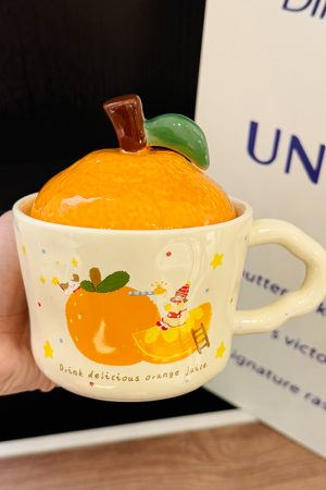 High Aesthetic Orange Ceramic Mug with Lid and Spoon - Perfect Birthday and Graduation Gift for Girls