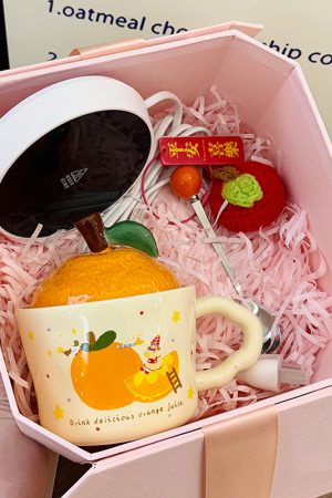 High Aesthetic Orange Ceramic Mug with Lid and Spoon - Perfect Birthday and Graduation Gift for Girls