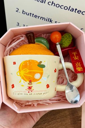 High Aesthetic Orange Ceramic Mug with Lid and Spoon - Perfect Birthday and Graduation Gift for Girls