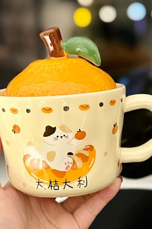 High Aesthetic Orange Ceramic Mug with Lid and Spoon - Perfect Birthday and Graduation Gift for Girls