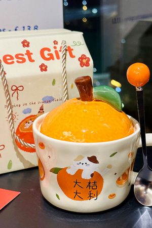 High Aesthetic Orange Ceramic Mug with Lid and Spoon - Perfect Birthday and Graduation Gift for Girls