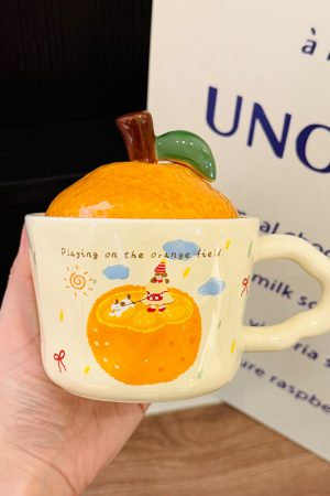 High Aesthetic Orange Ceramic Mug with Lid and Spoon - Perfect Birthday and Graduation Gift for Girls
