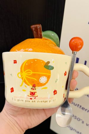 High Aesthetic Orange Ceramic Mug with Lid and Spoon - Perfect Birthday and Graduation Gift for Girls