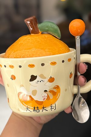 High Aesthetic Orange Ceramic Mug with Lid and Spoon - Perfect Birthday and Graduation Gift for Girls