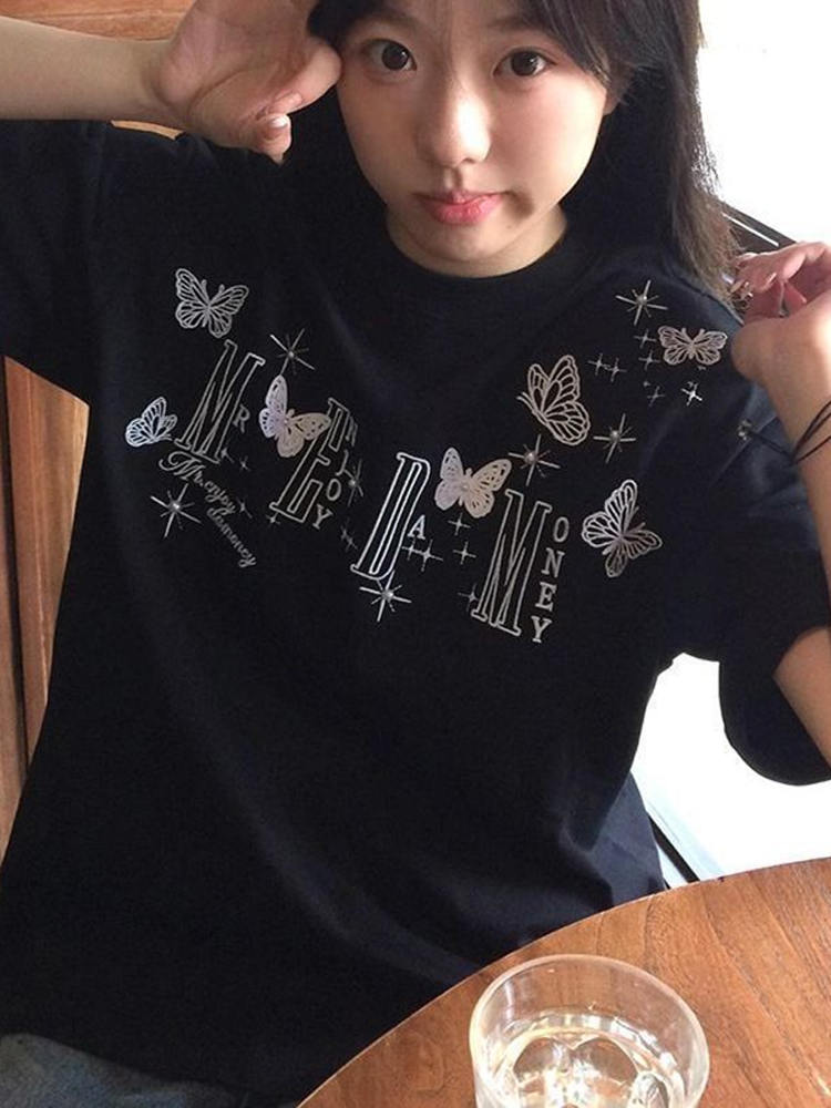 High-End 3D Butterfly Embroidered Letter Short Sleeve T-Shirt for Women - American Style, Summer 2025 Heavyweight Couple's Top High-End 3D Butterfly Embroidered Letter Short Sleeve T-Shirt for Women - American Style, Summer 2025 Heavyweight Couple's Top