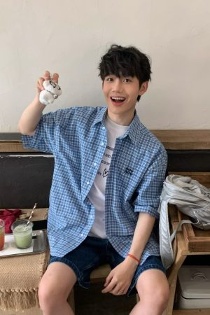 High-End Blue Plaid Short Sleeve Shirt for Men and Women, Summer College Style with Letter Embroidery, Loose Casual Top